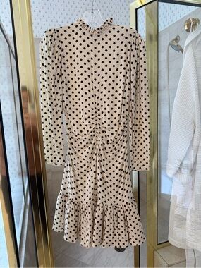 Beige Polka Dot Ruffle Hem Long-Sleeve Dress